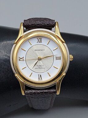 Regency Mens Quartz Watch 7.5" Two Tone Case Brown Leather Band 34mm 8303
